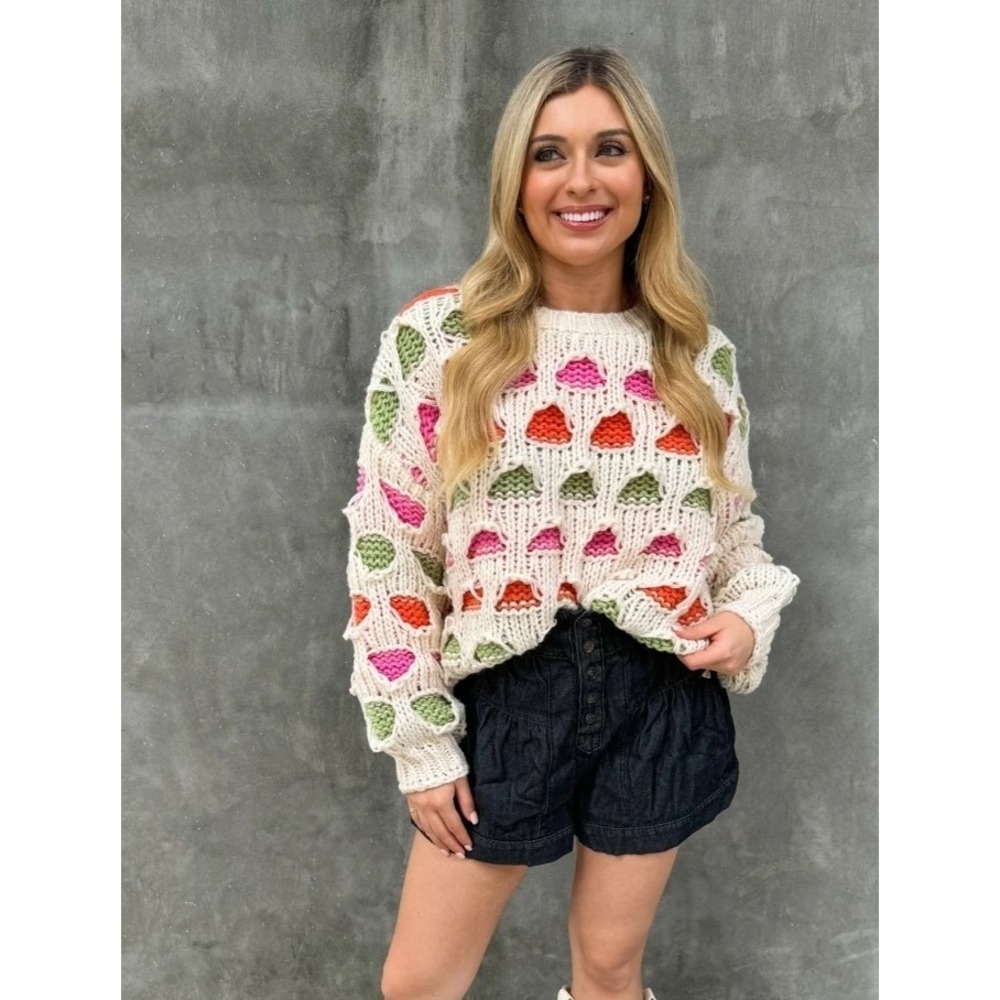 Adora Womens Cream Orange Pink Green Soft Loose Knit  Sweater Size Medium